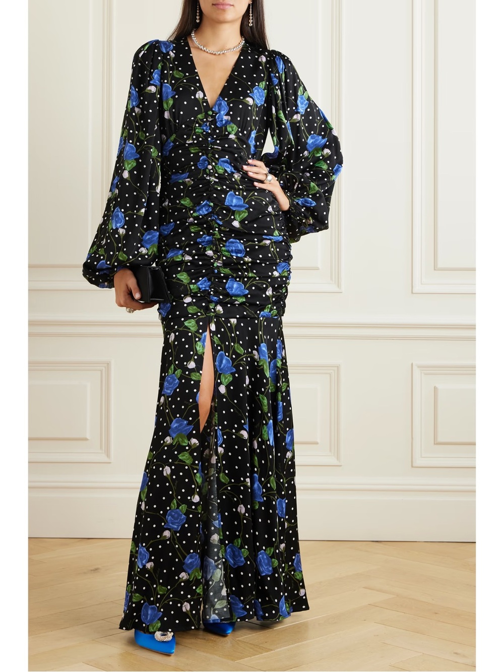 Rotate Birger Christensen Goldie Floral Dot Satin Maxi Dress